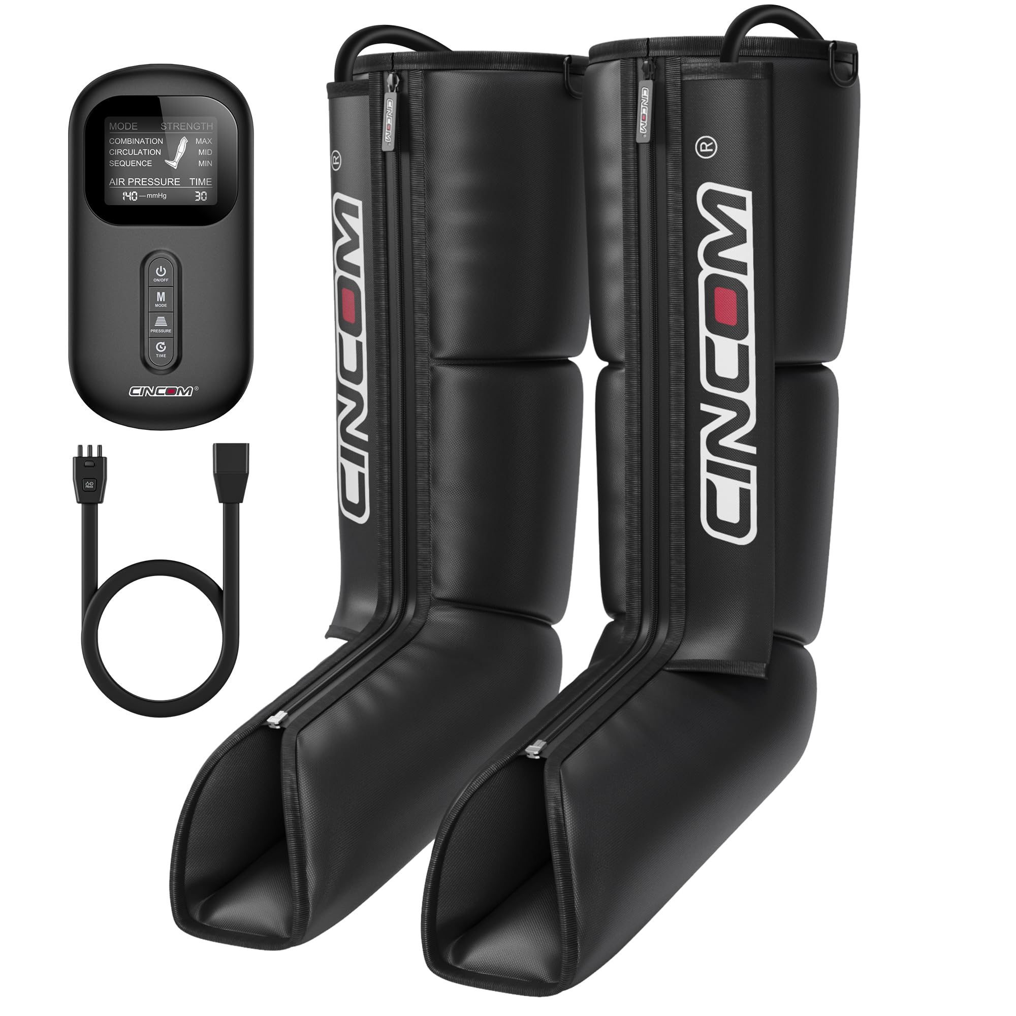 CINCOM leg massager in use with LCD controller for customizable compression