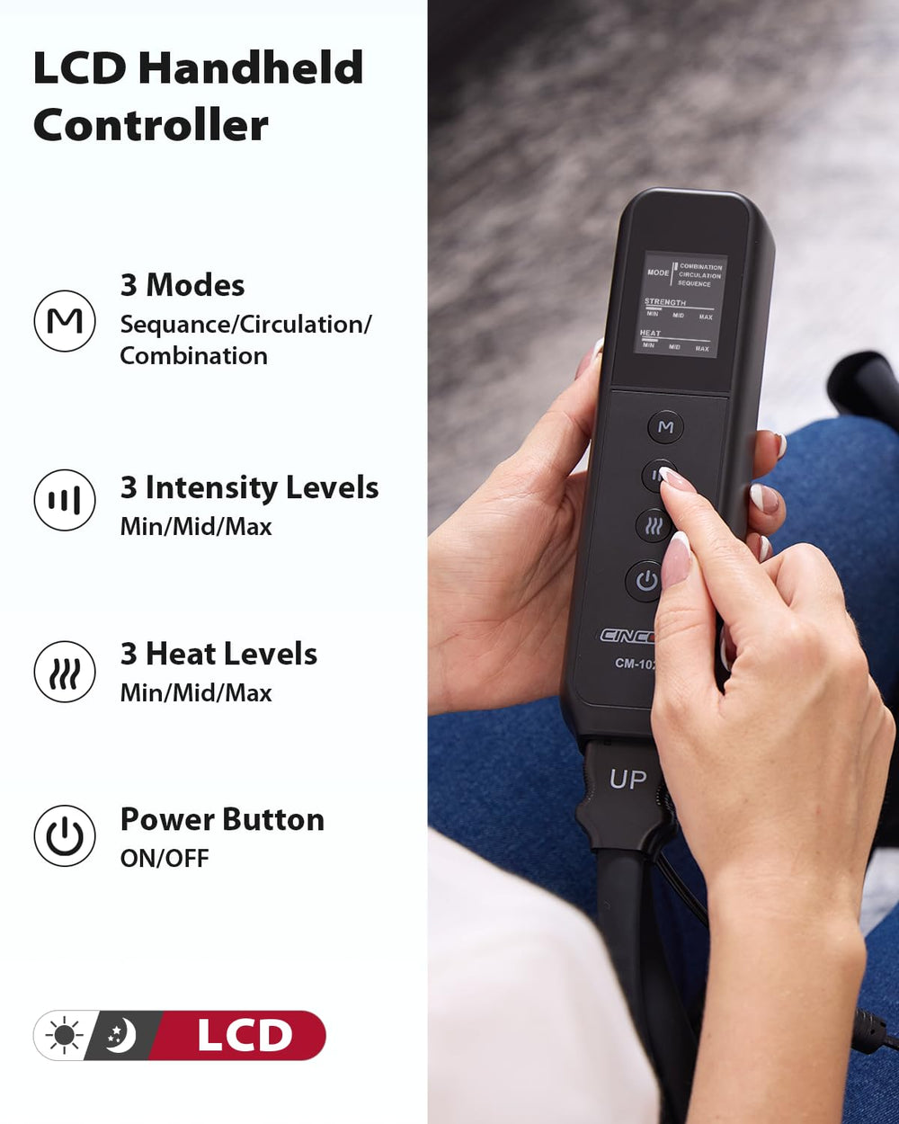 Close-up of CINCOM massager controls for personalized comfort with three modes, three intensities, and heating levels.