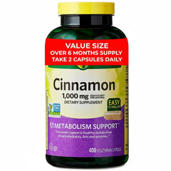 Cinnamon 1000 mg dietary supplement bottle displaying the label for metabolism support