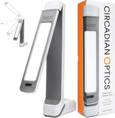 Circadian Optics Lumos 2.0 light panel folded for compact desk space and focus.