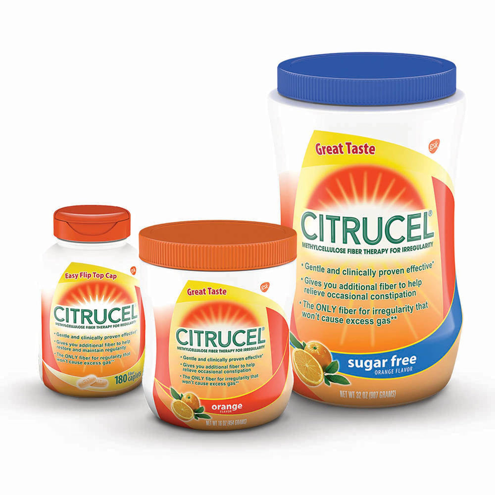 Close-up of orange flavor notes on Citrucel packaging.