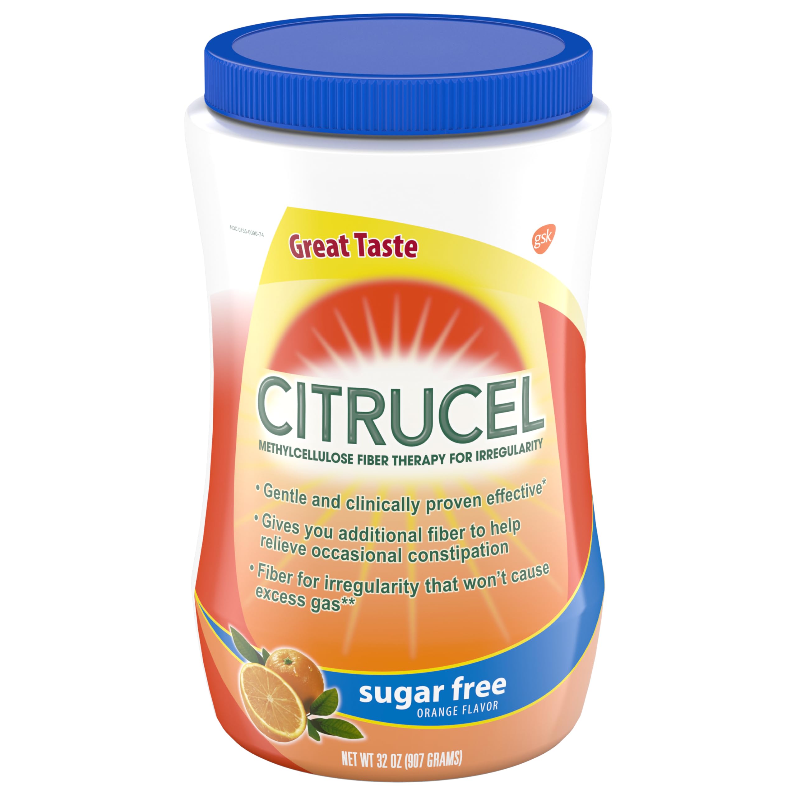 Citrucel Sugar Free Fiber Powder orange flavor bottle for easy daily fiber intake.