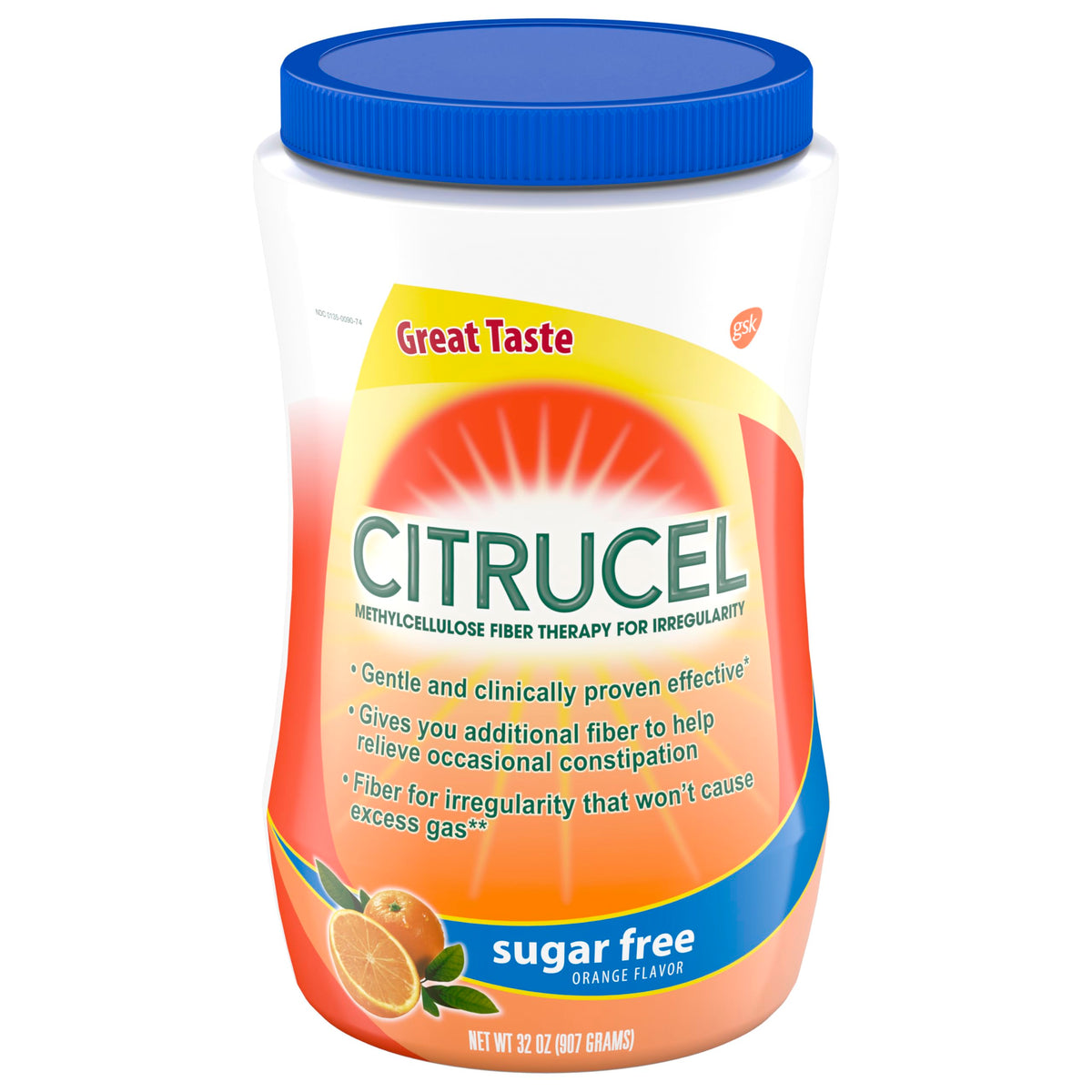 Citrucel Sugar Free Fiber Powder orange flavor bottle for easy daily fiber intake.