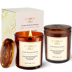 CJVIUS wood wick pumpkin spice candle in a glass jar creates cozy autumn ambiance.