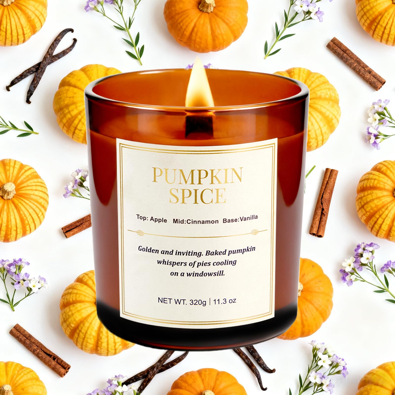 CJVIUS pumpkin spice candle with wood wick adds warm fragrance to fall gatherings.