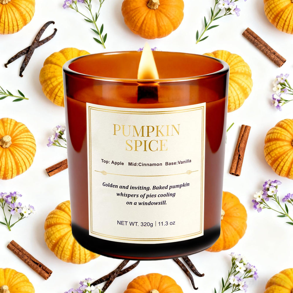 CJVIUS pumpkin spice candle with wood wick adds warm fragrance to fall gatherings.