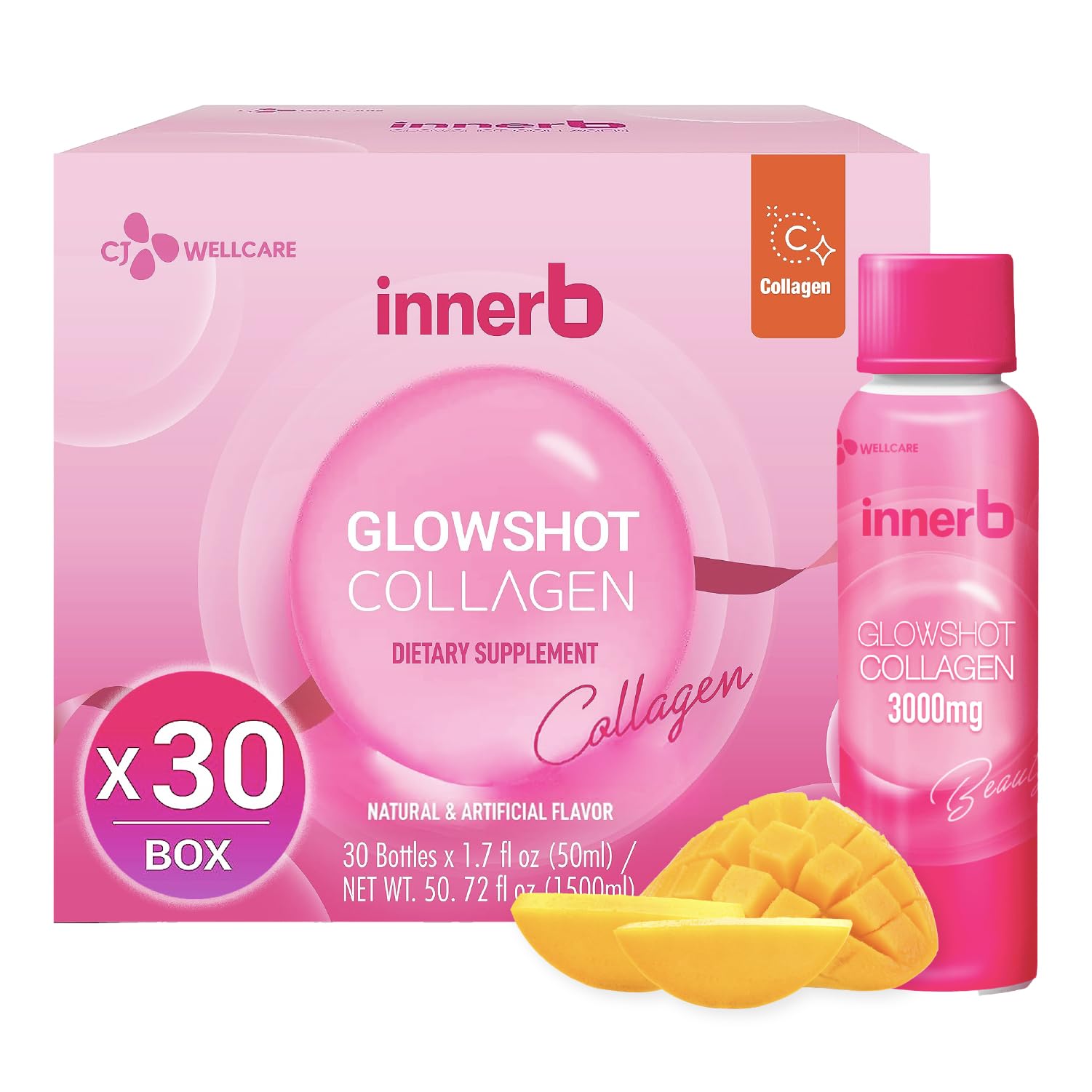 CJ Wellcare Innerb Glowshot Collagen bottle showing high-potency marine formula for skin hydration