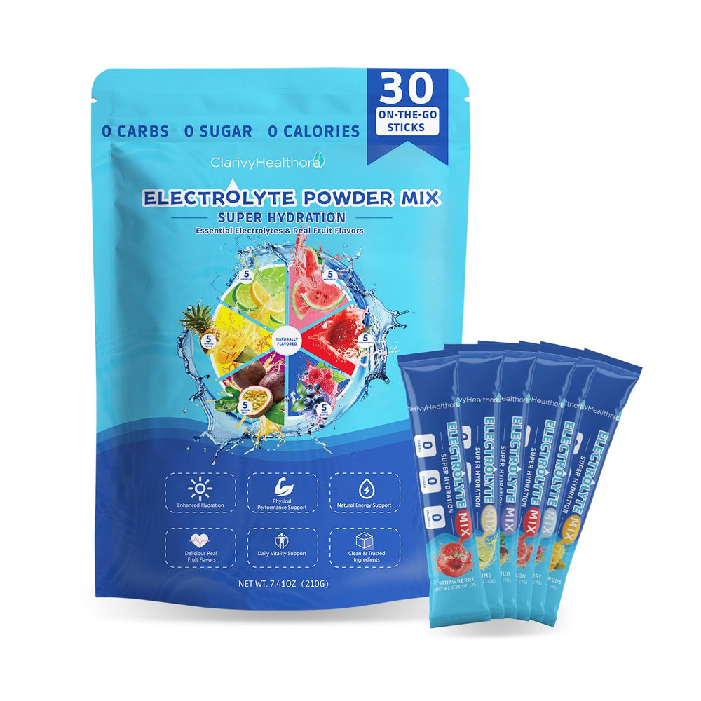 ClarivyHealthora electrolyte packets in mixed berry for fast, sugar-free hydration on the go.