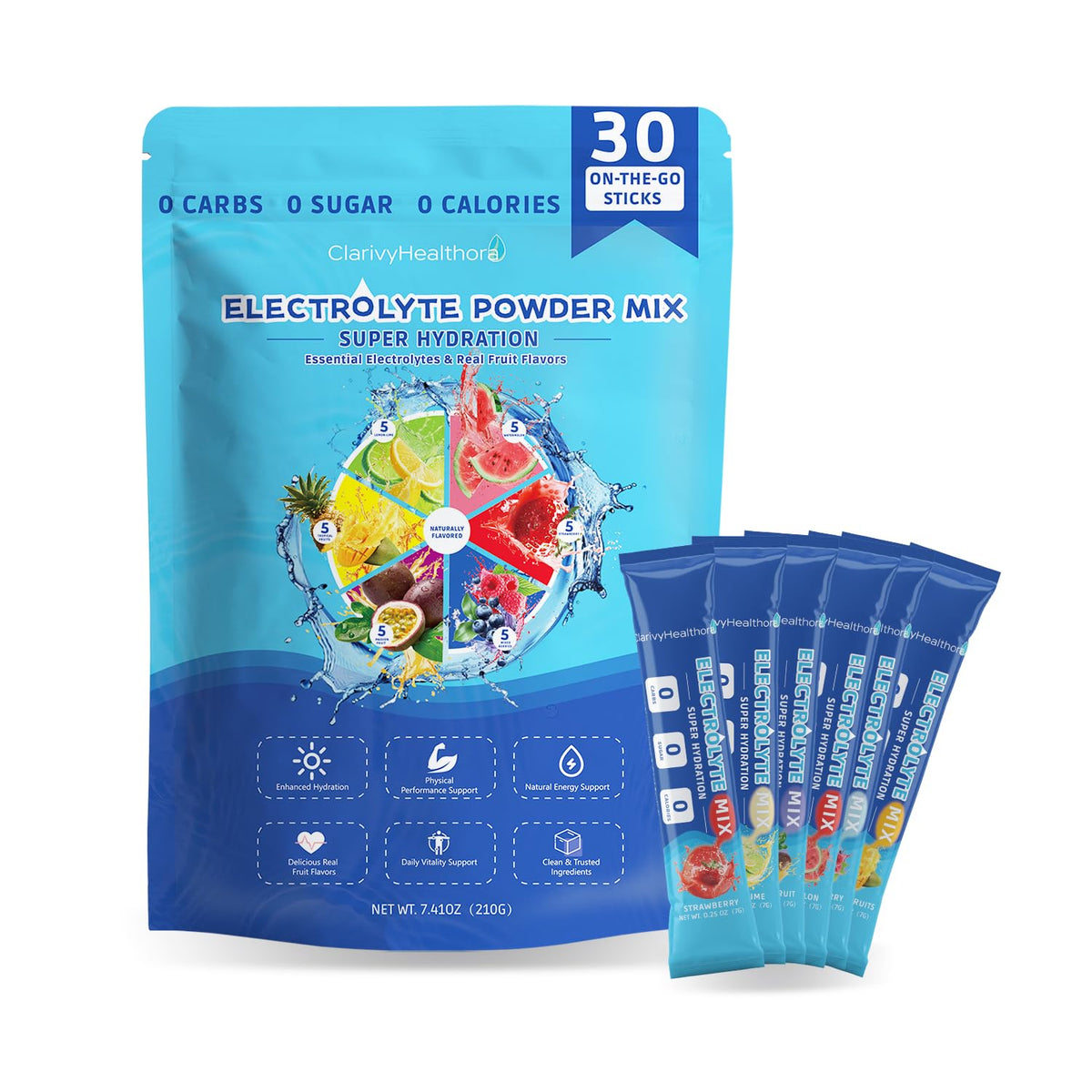 ClarivyHealthora electrolyte packets in mixed berry for fast, sugar-free hydration on the go.