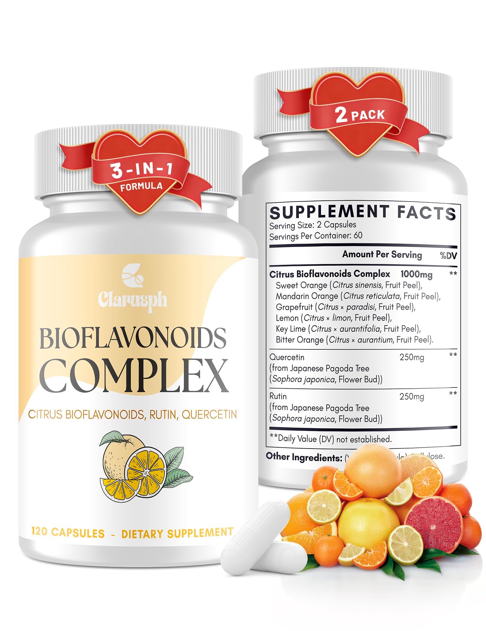 Clarusph Citrus Bioflavonoids bottle front shows vegan, gluten-free formulation for everyday wellness
