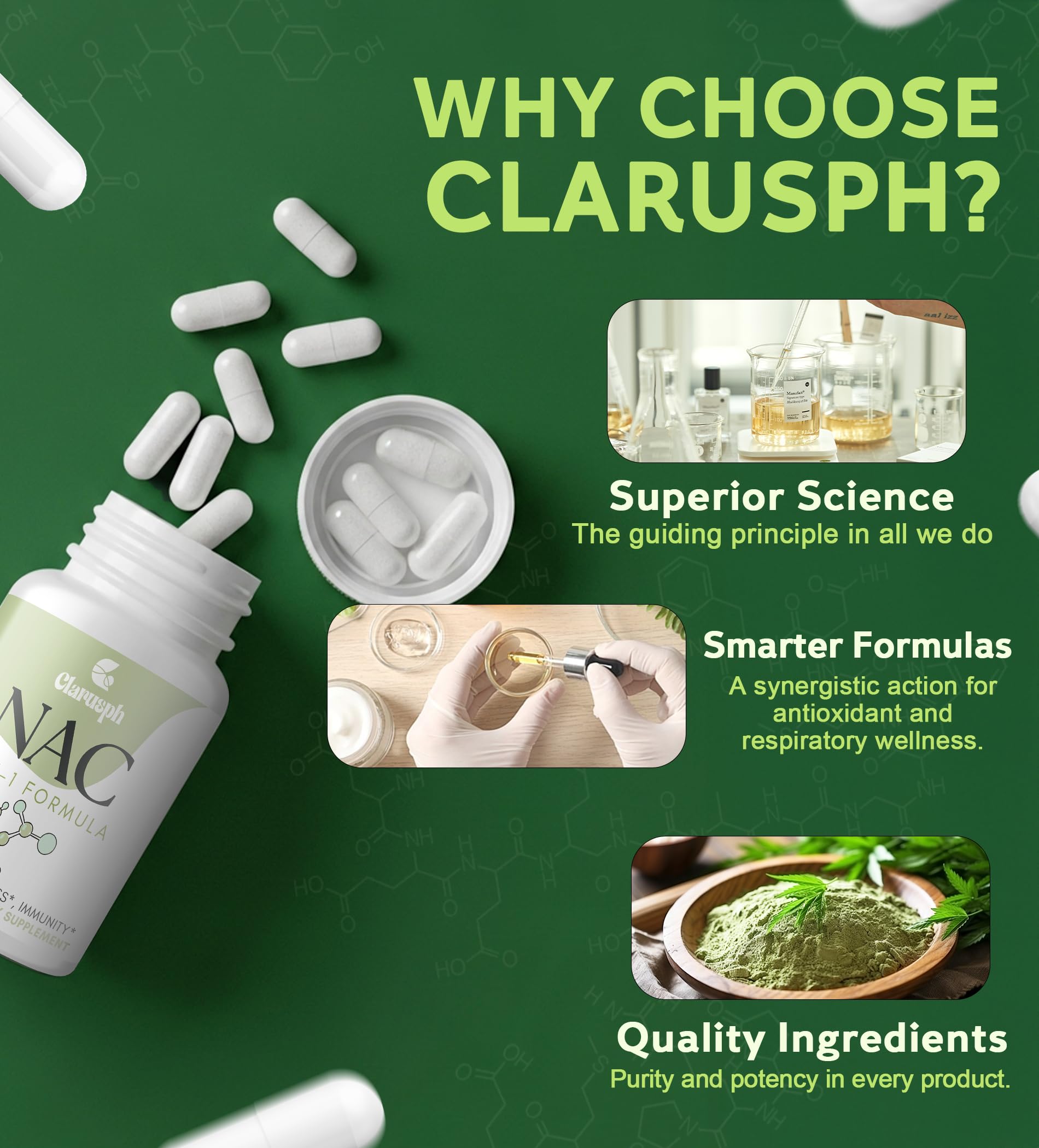 Clarusph NAC capsules on a bright surface for easy daily dosing.
