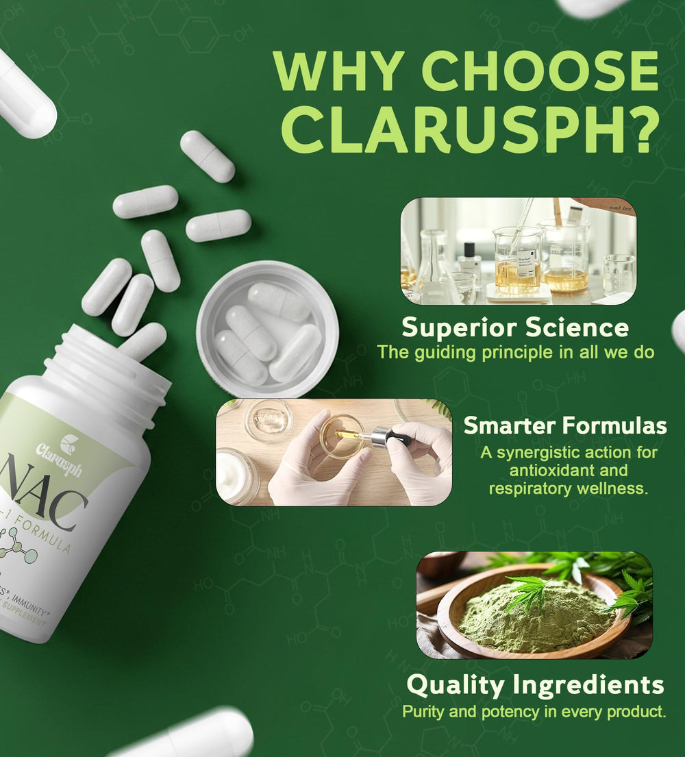 Clarusph NAC capsules on a bright surface for easy daily dosing.