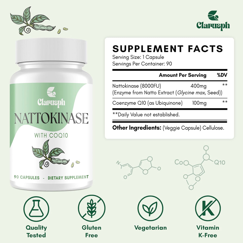 Clarusph nattokinase capsules macro shot emphasizing high-dose formula