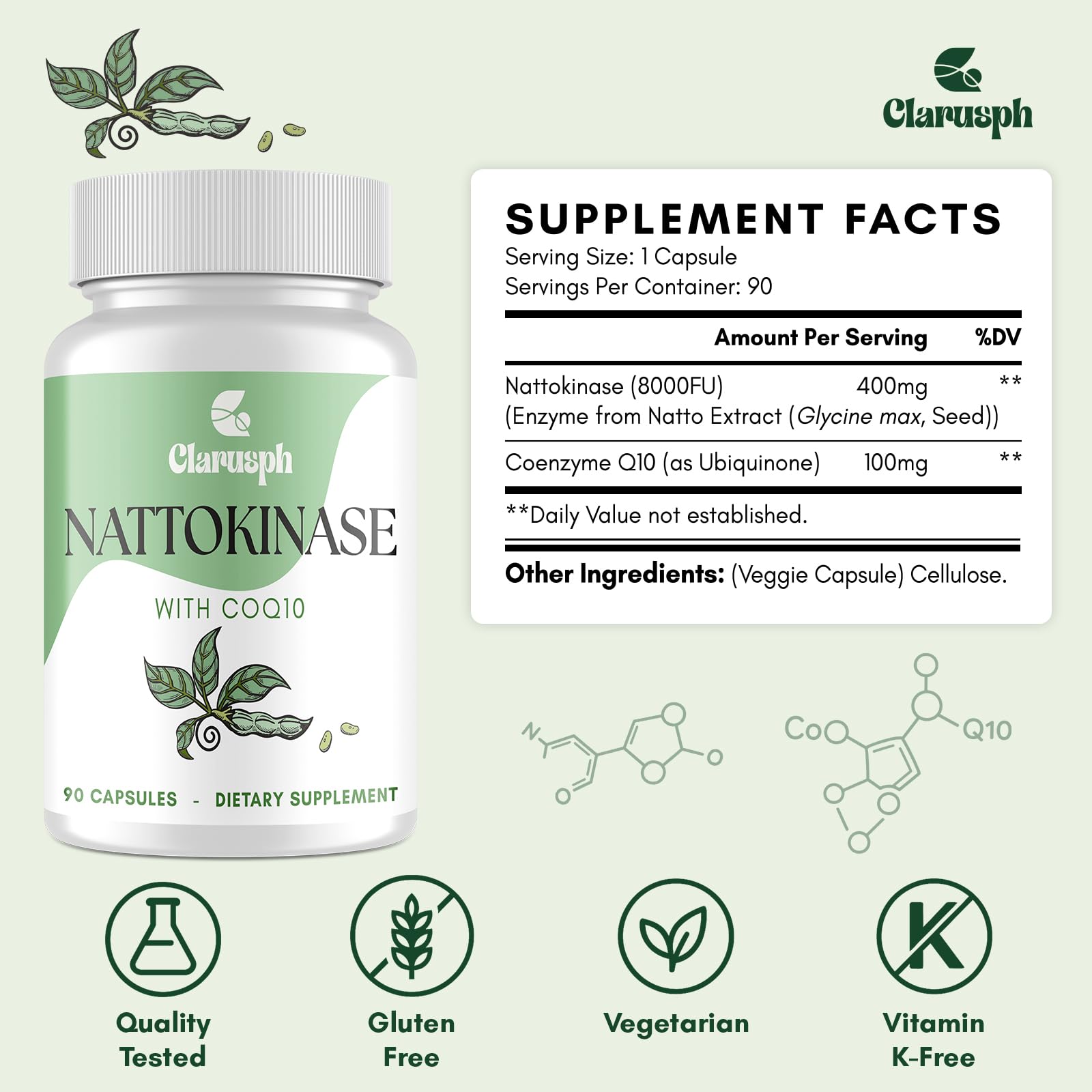 Clarusph Nattokinase-CoQ10 bottle pour illustrates portable daily use.