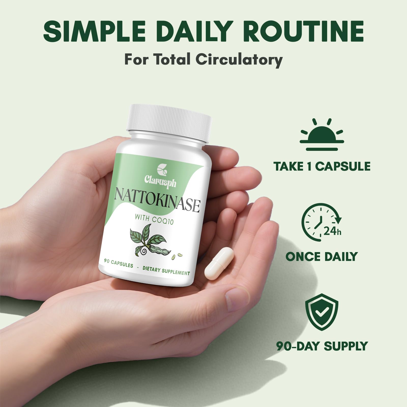 Clarusph CoQ10 and Nattokinase side view communicates simple wellness routine.
