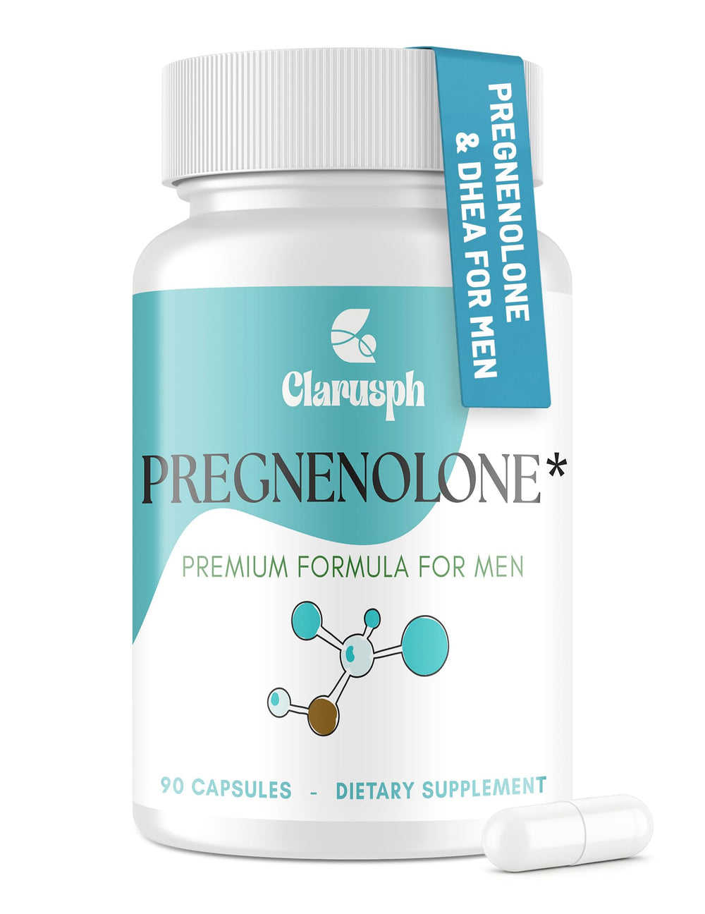 Clarusph Pregnenolone 50mg bottle with DHEA 25mg shows precise daily dosage for consistency.