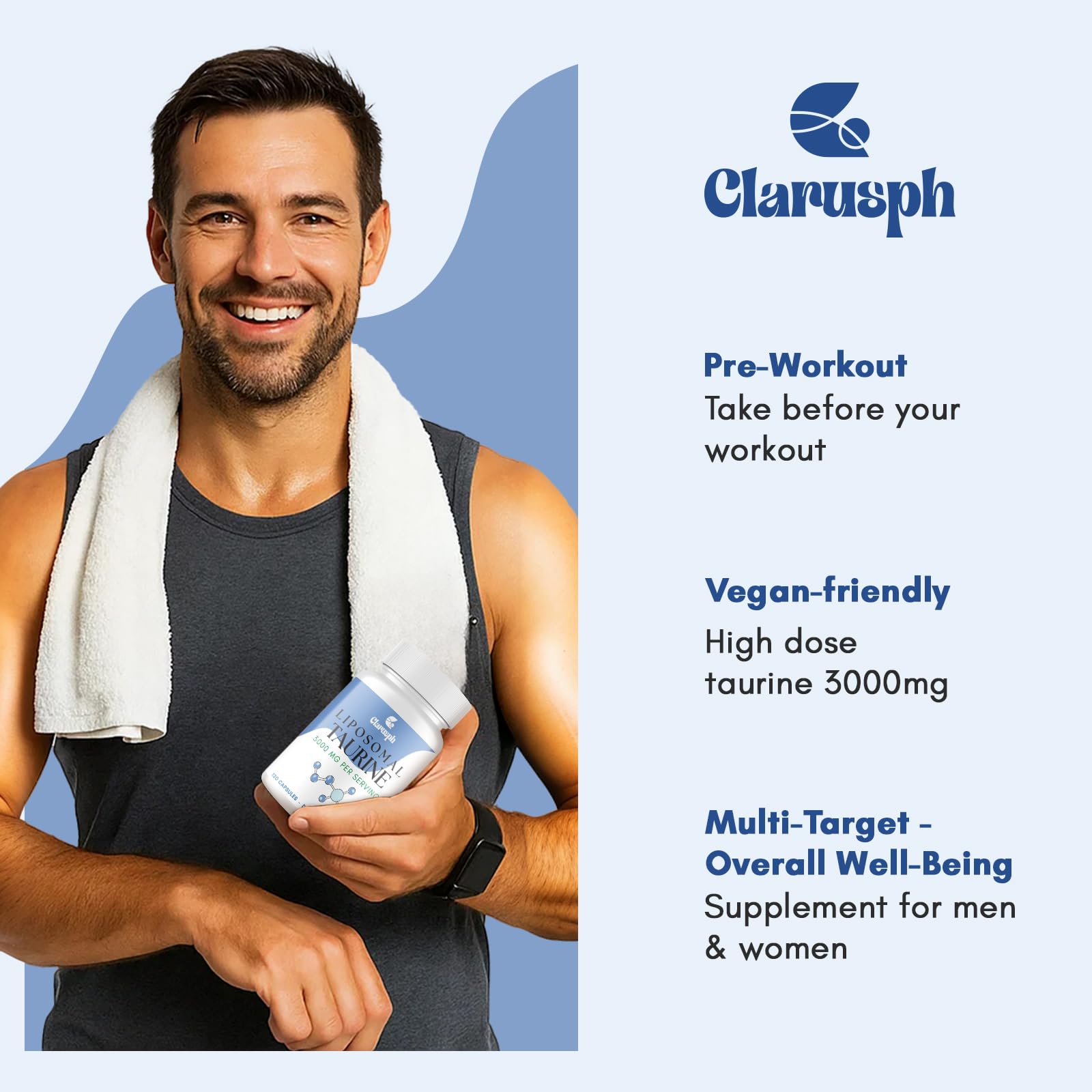 Clarusph Taurine bottle dispensing shot highlights easy dosing on busy days.