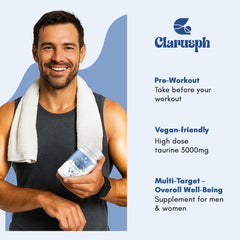 Clarusph Taurine bottle dispensing shot highlights easy dosing on busy days.