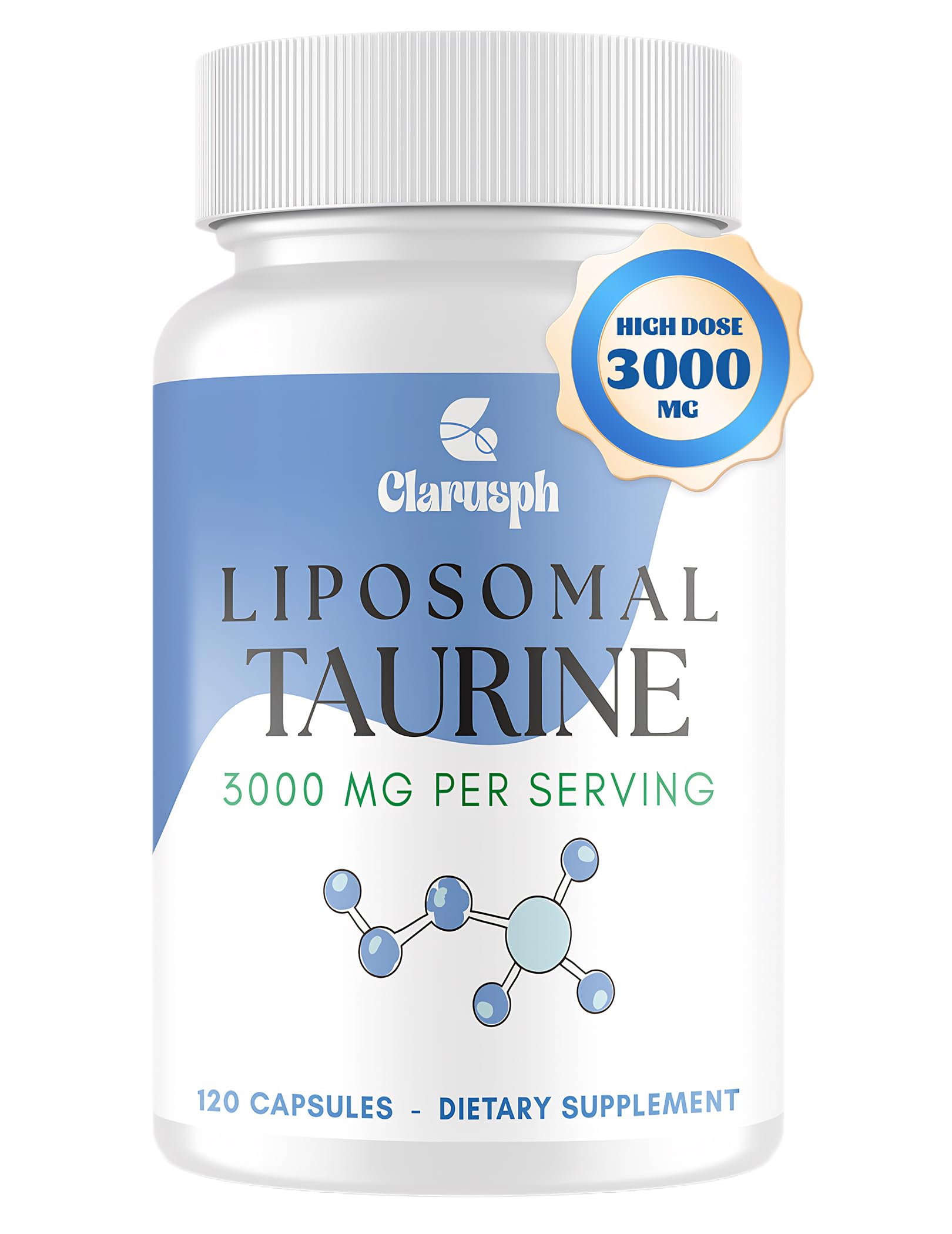 Clarusph Taurine bottle front highlighting high-dose energy support for daily activity.