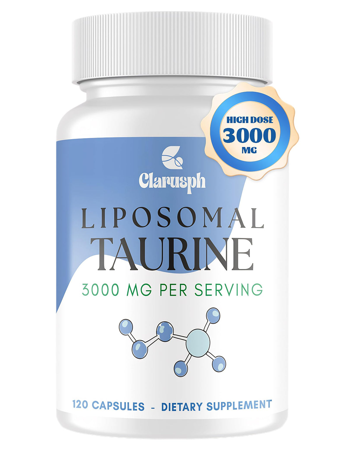 Clarusph Taurine bottle front highlighting high-dose energy support for daily activity.