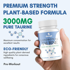Clarusph Taurine bottle label close-up showing 3000 mg per serving for strong support.