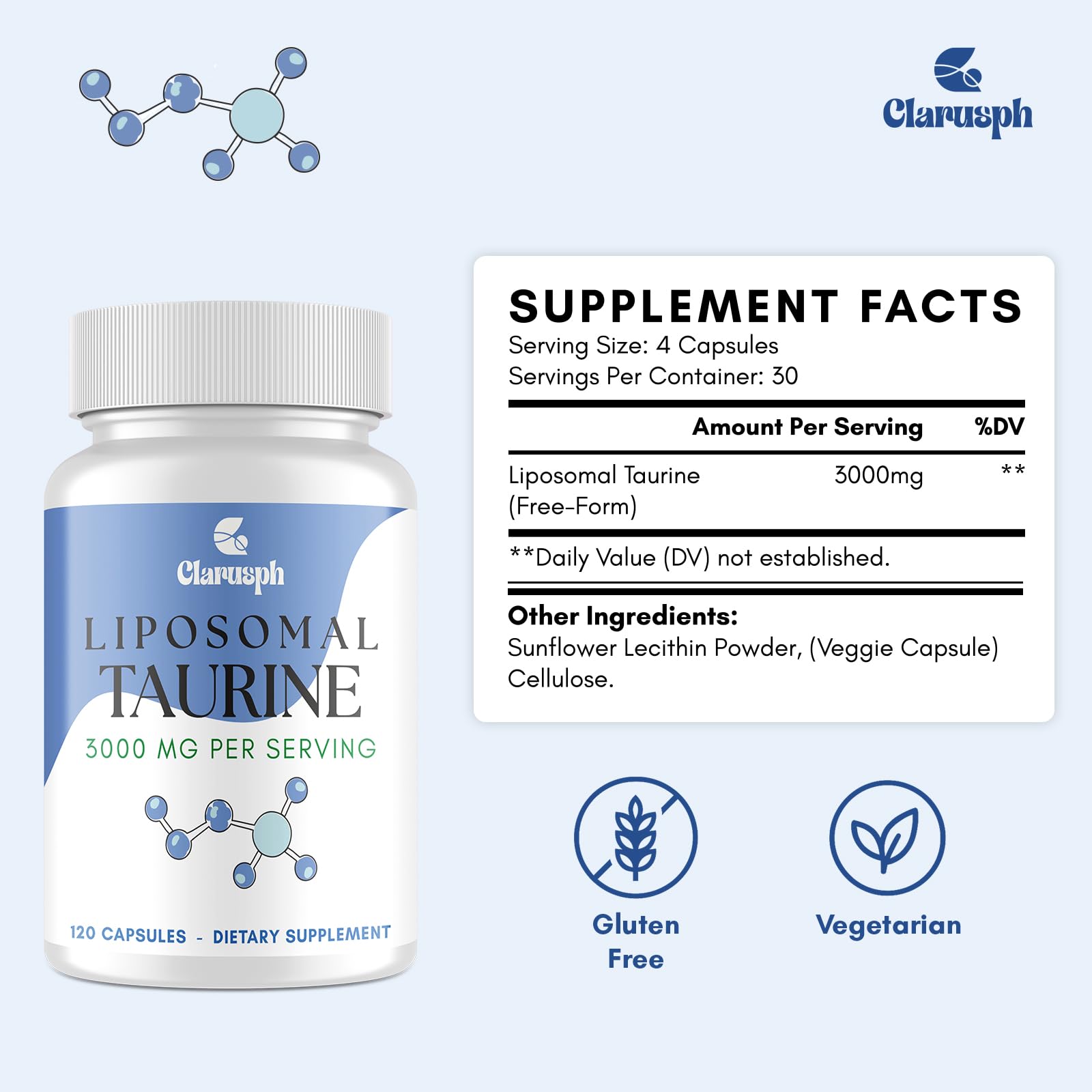 Clarusph Taurine packaging box on shelf conveys clear ingredient and purpose.