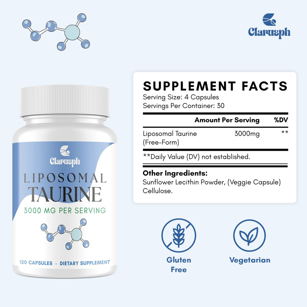 Clarusph Taurine packaging box on shelf conveys clear ingredient and purpose.