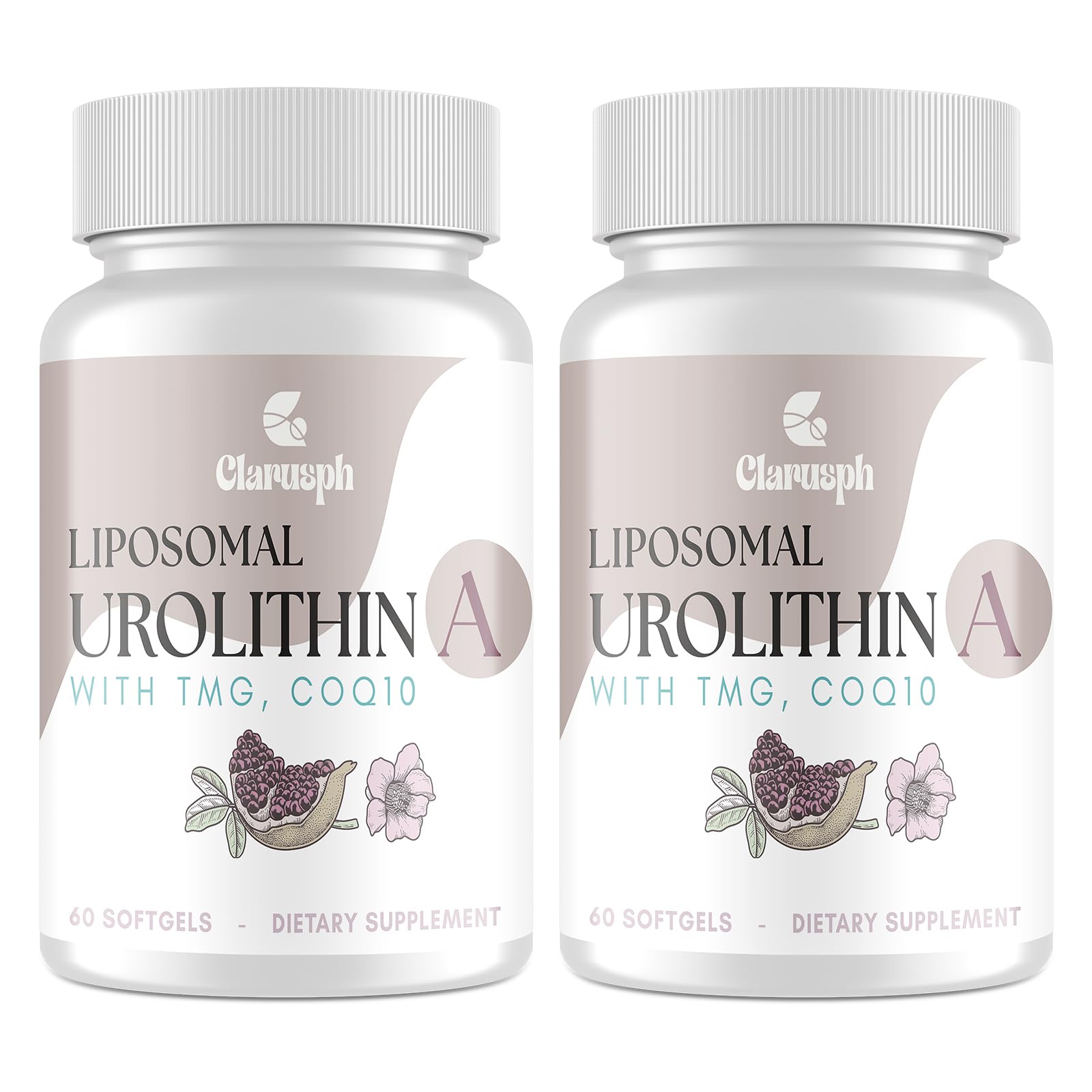 Clarusph Urolithin A bottle front view showing high absorption liposomal softgels for steady energy.