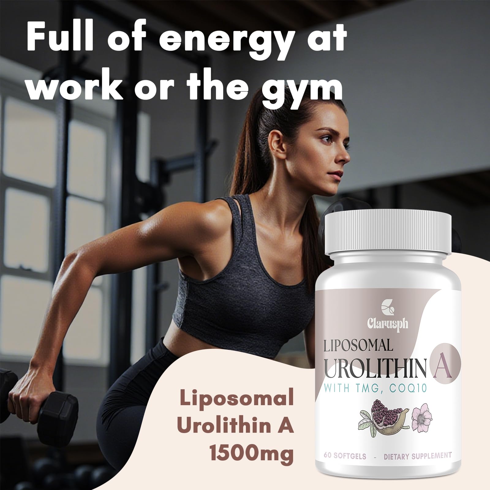 Clarusph Urolithin A bottle front highlighting high-strength 1500mg