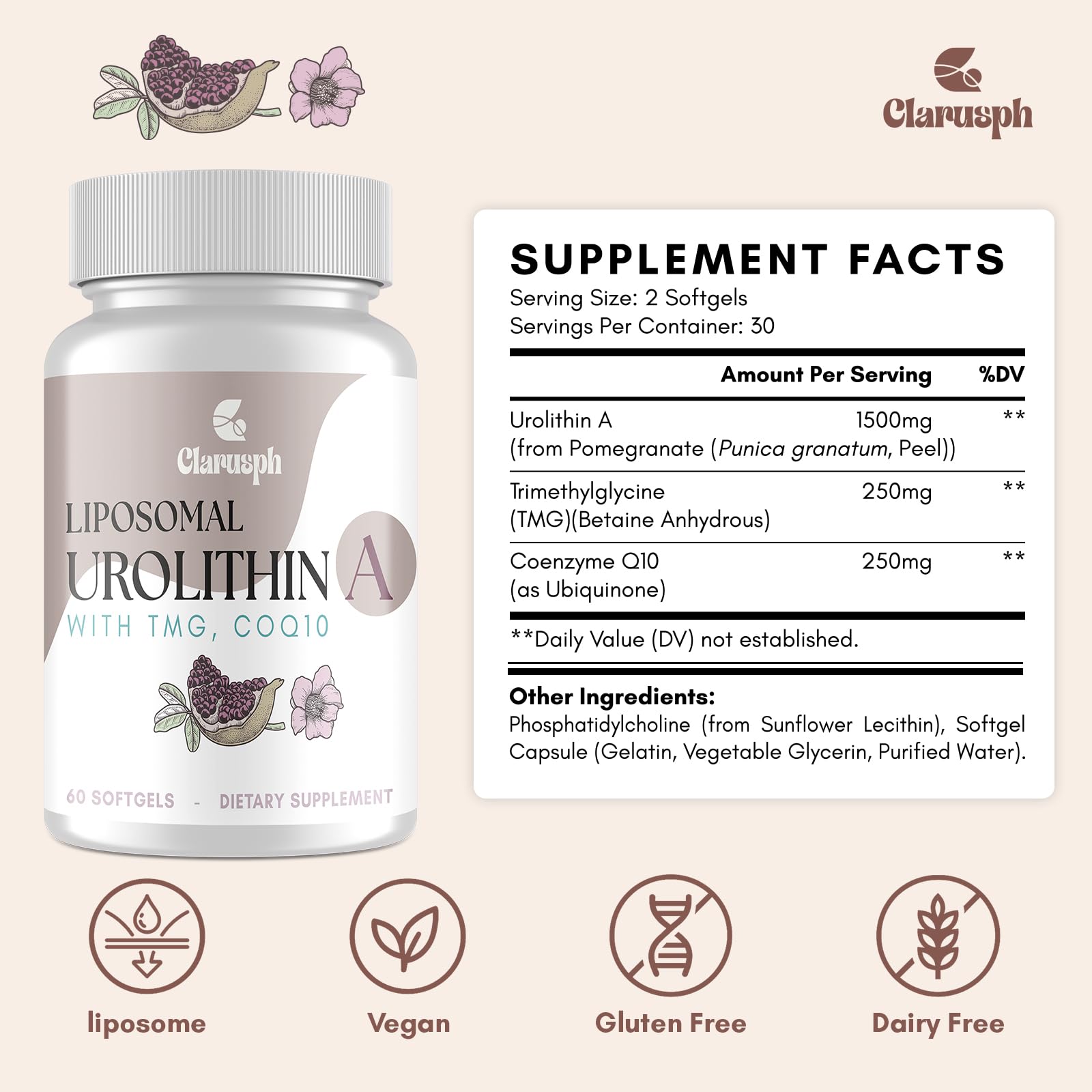 Clarusph Urolithin A label close-up emphasizing liposomal delivery benefits.