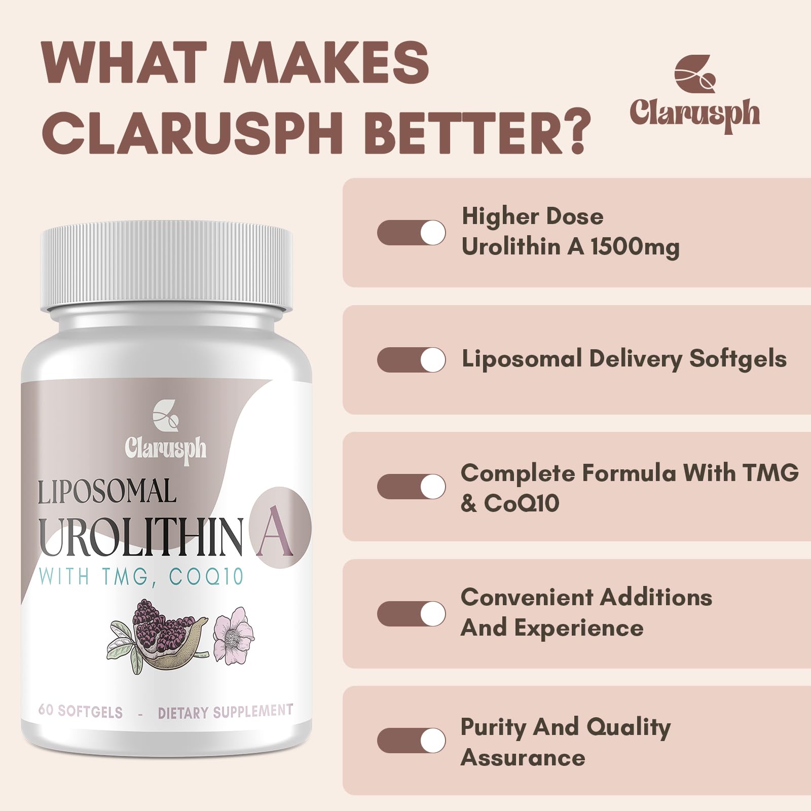 Clarusph Urolithin A lifestyle shot suggesting use during workouts or at work.