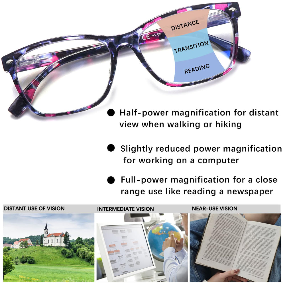 Woman wearing CLASAGA blue light readers with pattern print during daytime reading