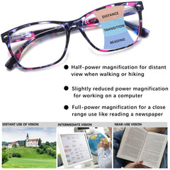 Woman wearing CLASAGA blue light readers with pattern print during daytime reading