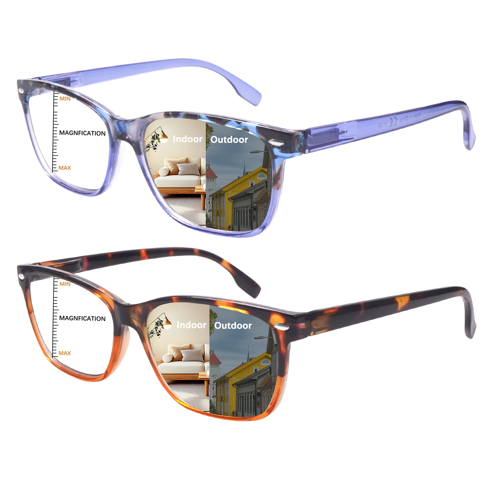 CLASAGA photochromic reading glasses for women, front view showing sleek frame and clear indoors/gray outdoors use.
