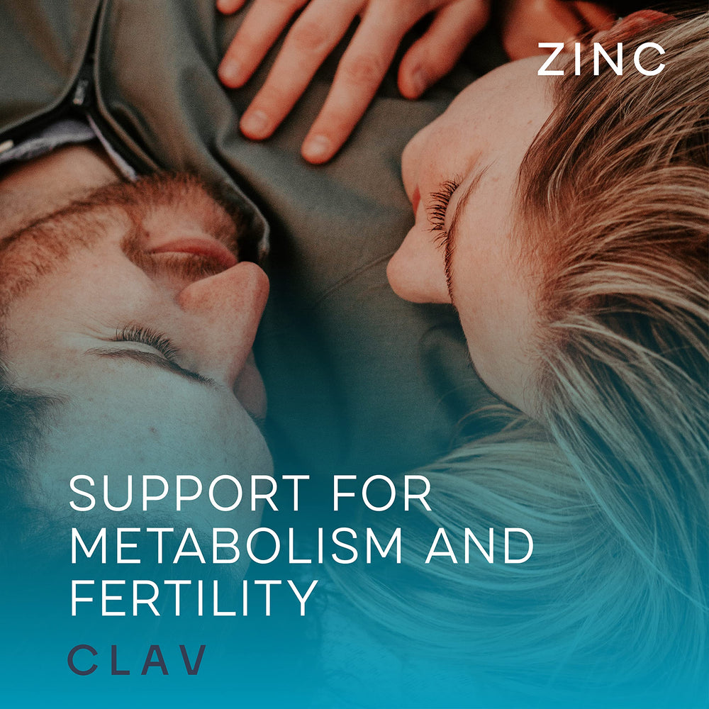 CLAV Zinc Bisglycinate bottle front showing vegan, gluten-free supplement for daily wellness.