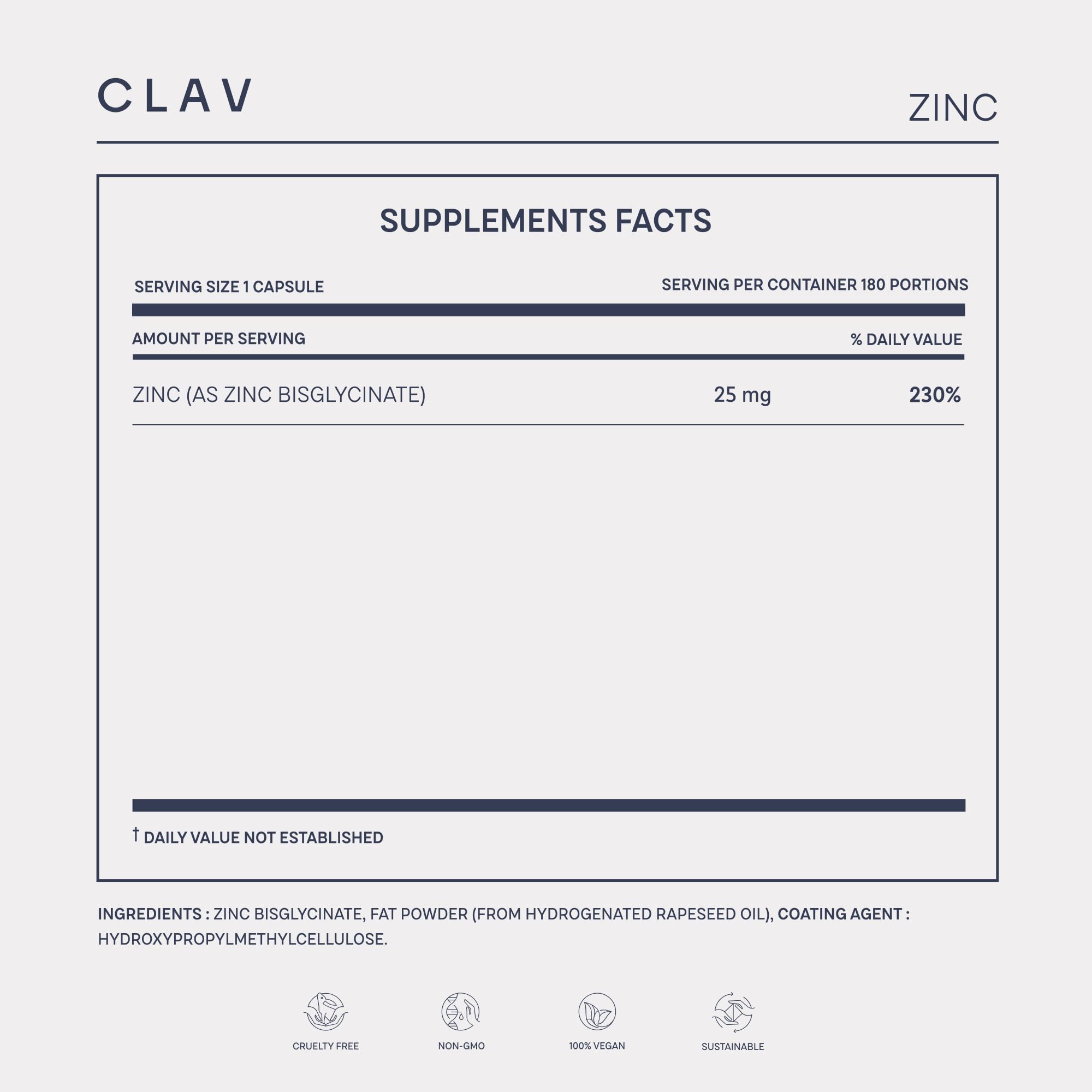 CLAV zinc bisglycinate packaging highlights immune and skin support messaging.