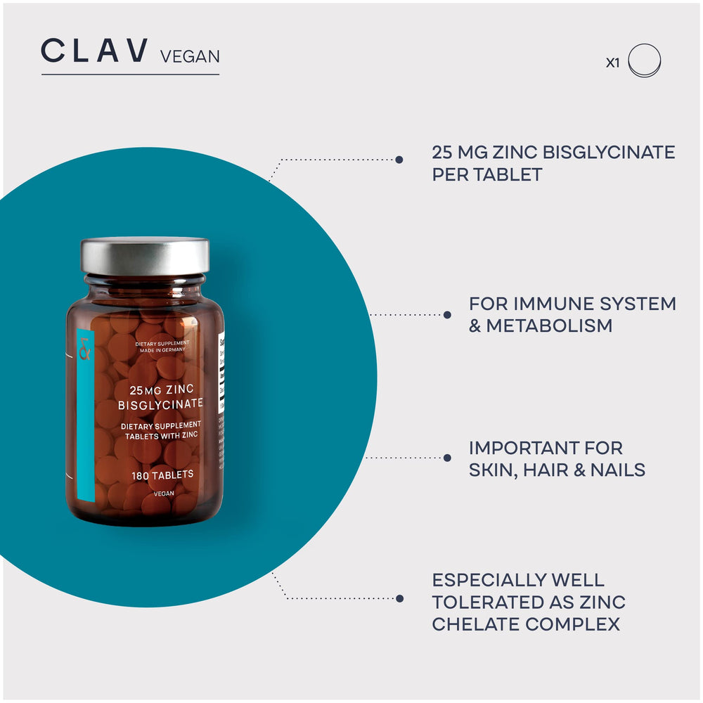 CLAV Zinc Bisglycinate tablet inside bottle, illustrating easy-to-swallow daily dosage.
