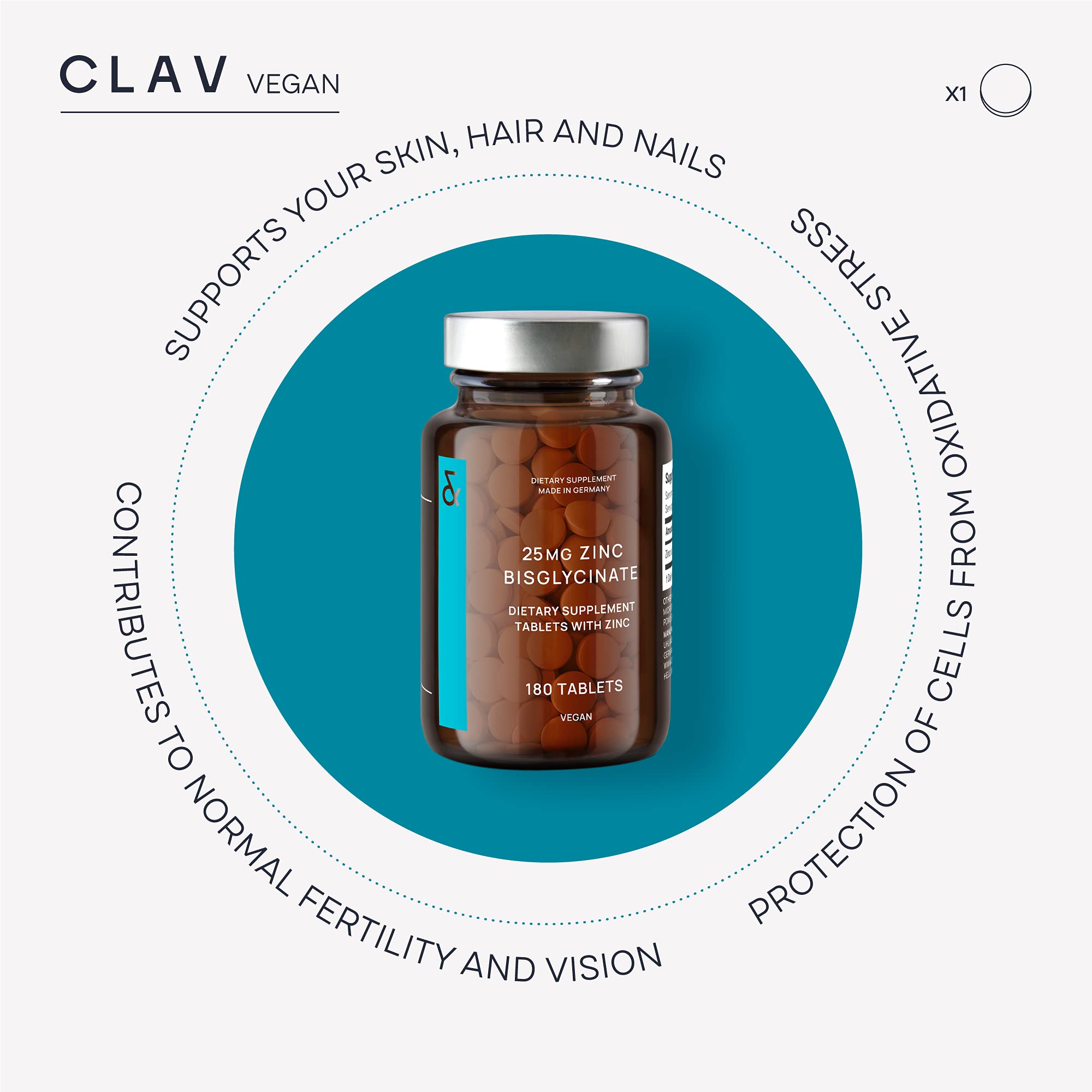 CLAV vegan icon on label signaling plant-based zinc source.