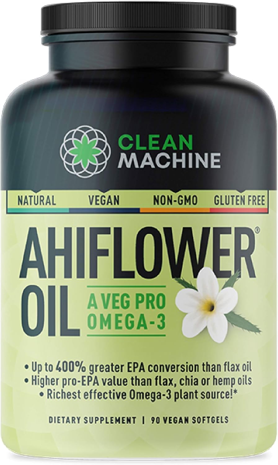 CLEAN MACHINE Ahiflower omega bottle front showing award-winning vegan omega source.