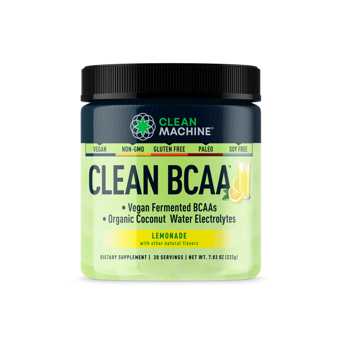 Clean Machine lemonade-bcaas powder ready to mix for post-workout recovery and hydration.