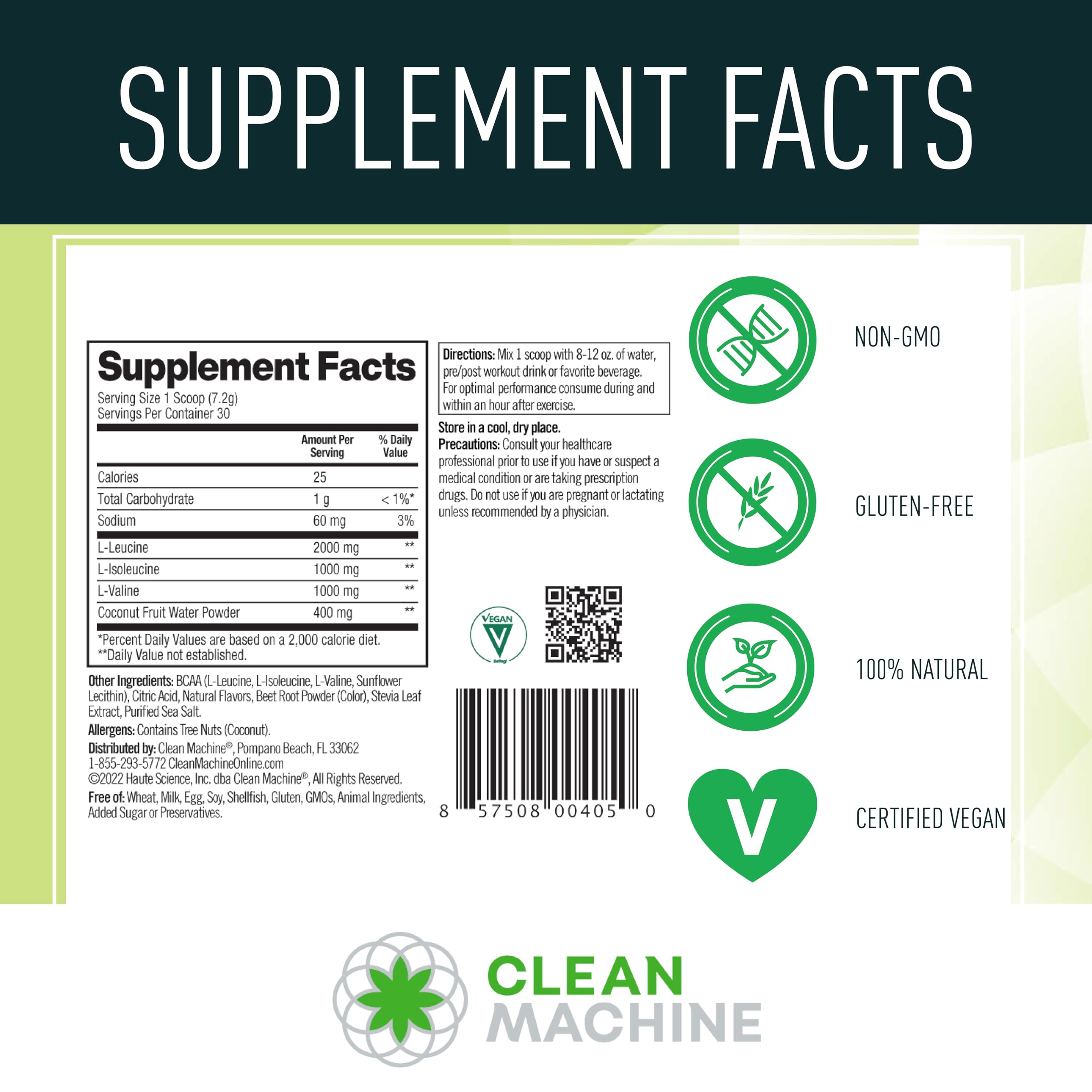 Clean Machine vegan amino label emphasizes plant-based amino support for daily training.