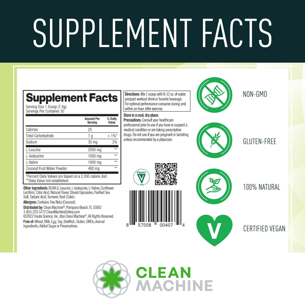 Clean Machine vegan-certified-bcaas label confirms plant-sourced amino acids.