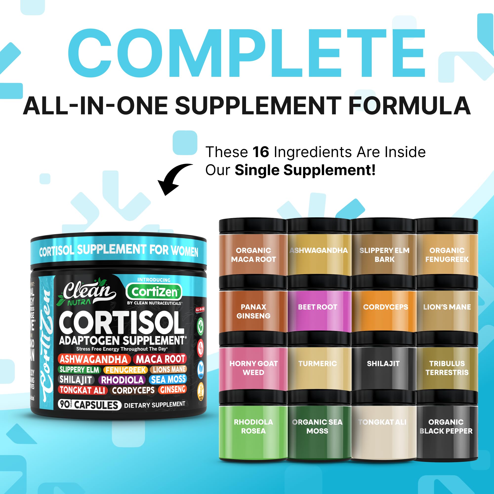 Clean Nutra Cortisol Ashwagandha capsules promote calm focus and stress resilience.