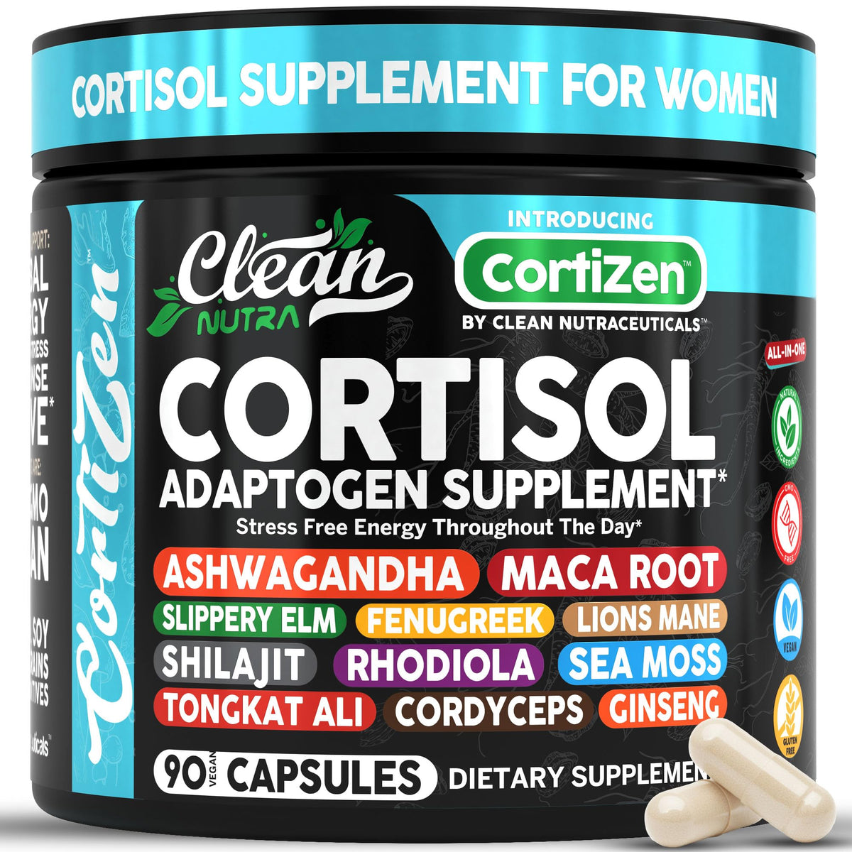 Clean Nutra Cortisol Maca Root bottle supports daily energy and balanced mood.