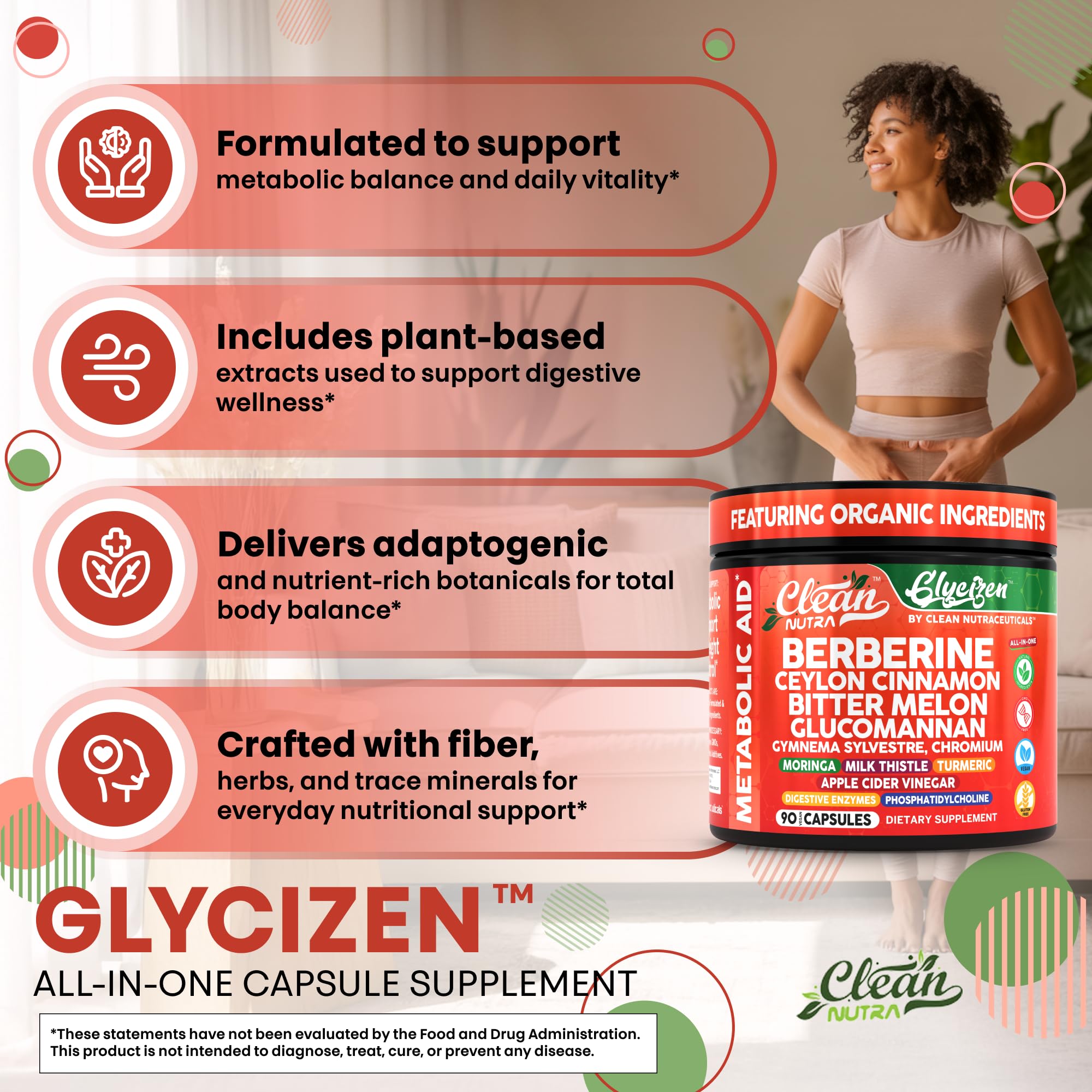 Digestive enzymes blend in GlyciZen promotes comfortable meals and nutrient breakdown.