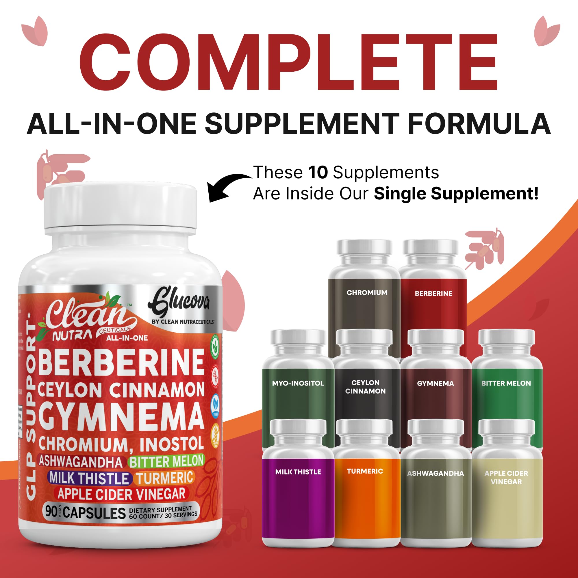 Capsulas de berberina Clean Nutra Glucova con enfoque en metabolismo y apetito.