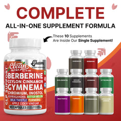 Capsulas de berberina Clean Nutra Glucova con enfoque en metabolismo y apetito.
