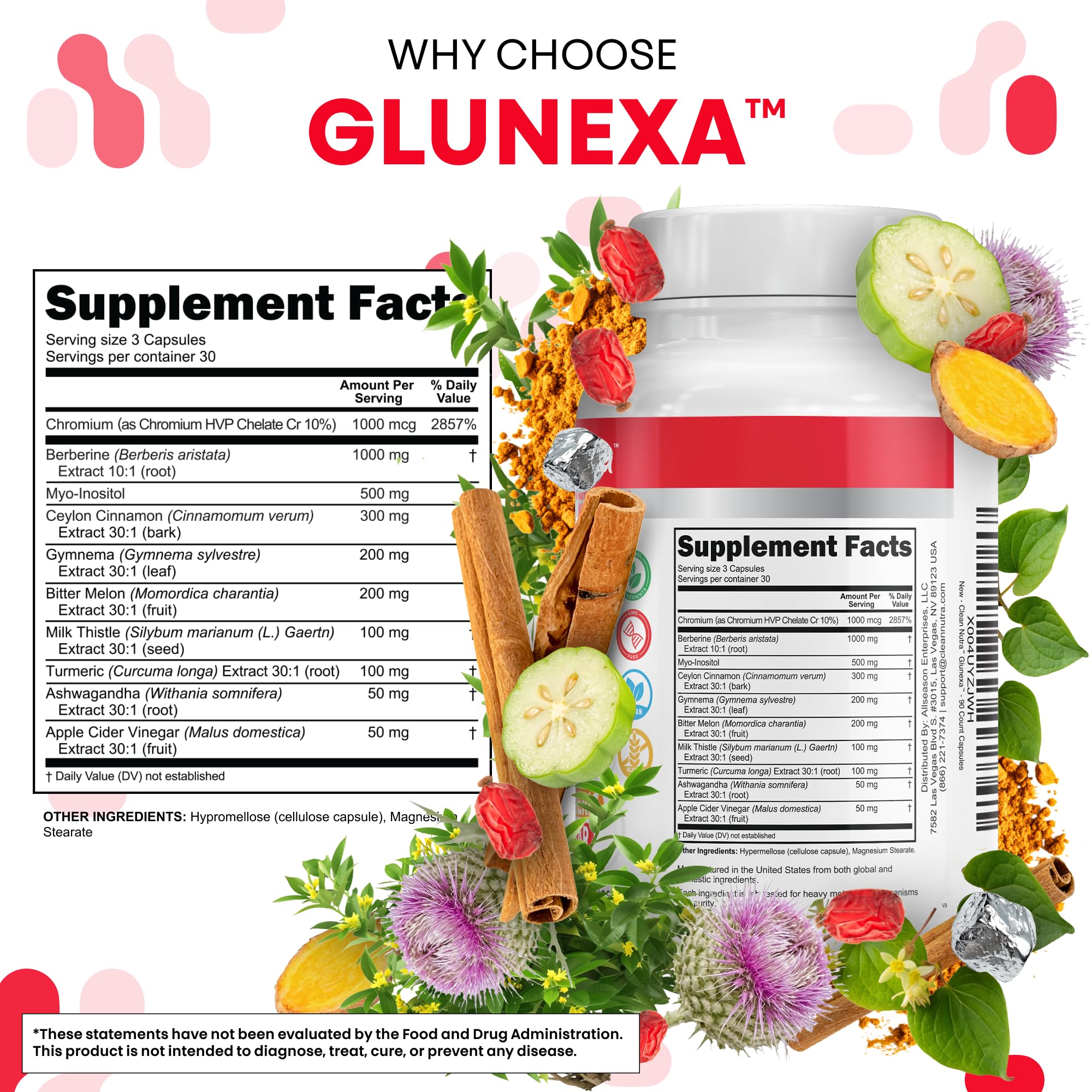Glunexa berberine cinnamon blend with turmeric and bitter melon visuals