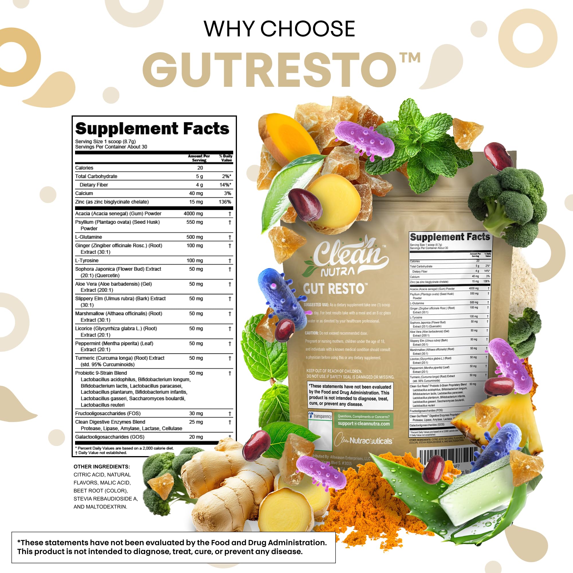 Clean Nutra GutResto ginger powder with peppermint oil offering refreshing flavor.