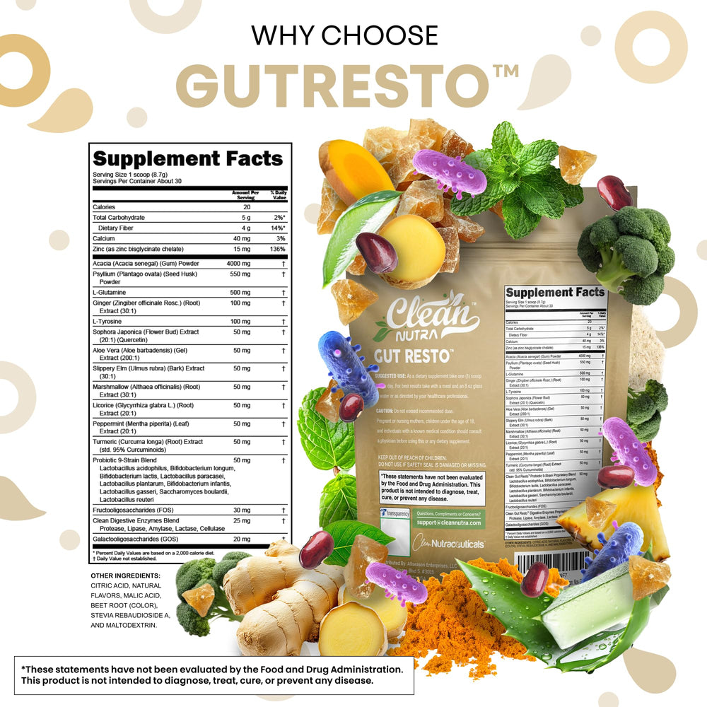 Clean Nutra GutResto ginger powder with peppermint oil offering refreshing flavor.
